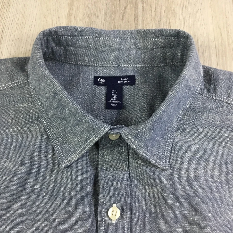 Camisa Gap Para Hombres XL Azul Cambray Slub Calce Ajustado Manga Larga Mezcla de Lino Utilidad Foto 3 de 4