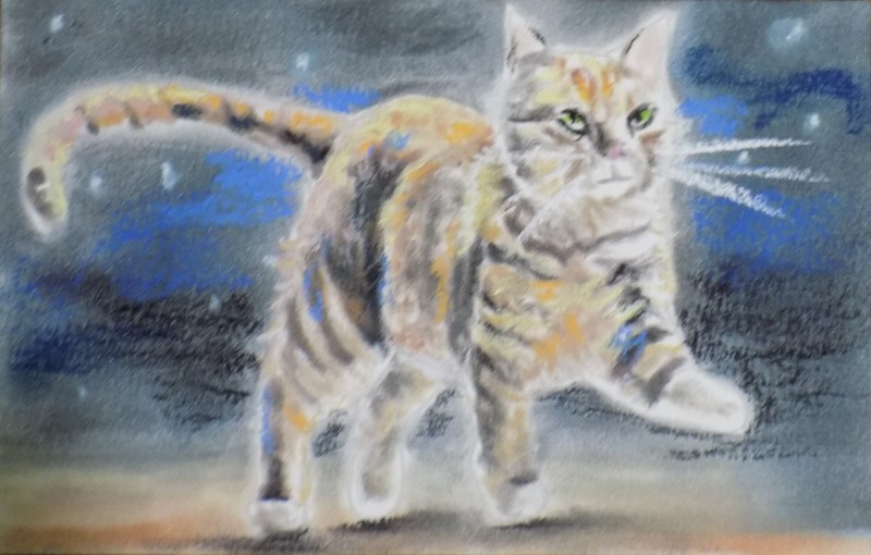 landscape cat stroll nightly Art original painting drawing on paper