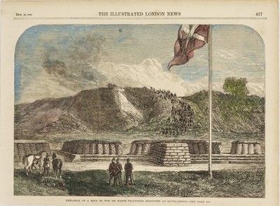 1864 EXPLOSION OF A LAND MINE SOUTHHAMPTON HAND COLORED ENGRAVING 10x8 Read P430