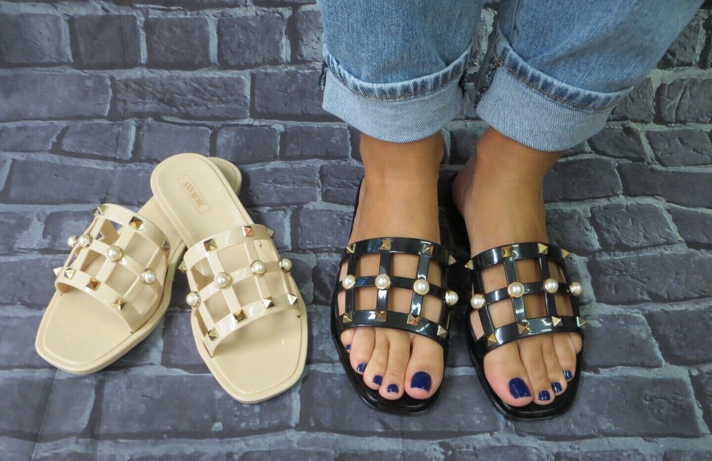 PANTOFOLA D’ORO Sandalo Jelly "AVENTURA" donna infradito piatto slide con borchie perle Ann More