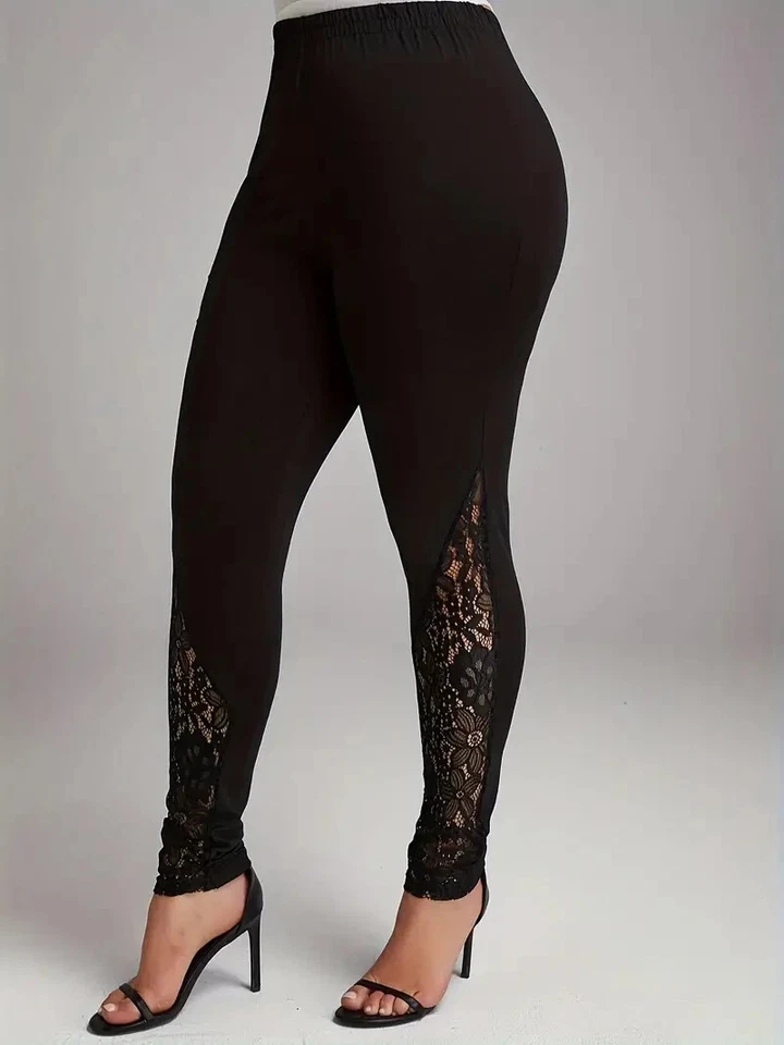 Leggings elásticas femininas plus size de malha preta com infusão de renda 0XL 1XL 2XL 3XL 4XL 5XL - Imagem 4 de 4