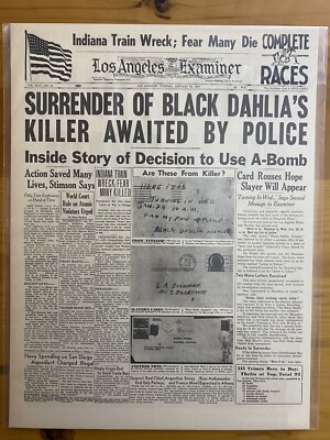 VINTAGE NEWSPAPER HEADLINE ~SURRENDER OF THE BLACK DAHLIA KILLER 1947 LA CRIME