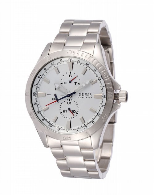 GUESS Silver-Tone Stainless Steel Bracelet Watch with White Dial Amazon.com: GUESS Men main image 3