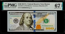 $100 2017A Federal Reserve Note Boston Fr#2189-A Serial # 83 PMG 67 EPQ Superb G