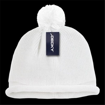 Decky 611A-WHT Solid RollUp Beanie With Pom Pom - White