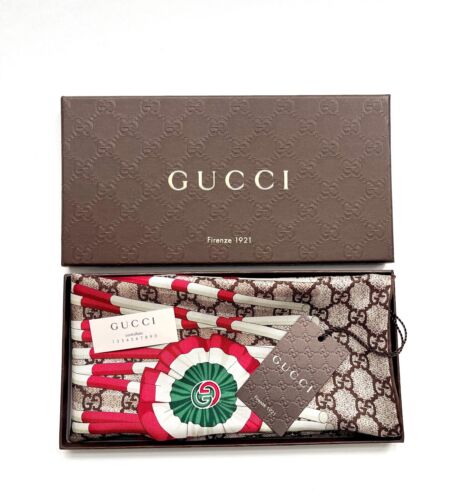 Neu Gucci Schal mit Geschenkbox GG Logo braun beige rot WEB Seide Unisex Halstuch - Bild 1 von 15