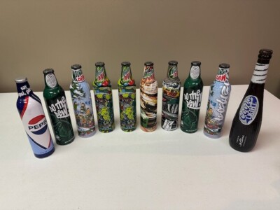 Mountain Dew Green Label Art Full ALUM Bottles Collectors-  Lot of 8 Sealed