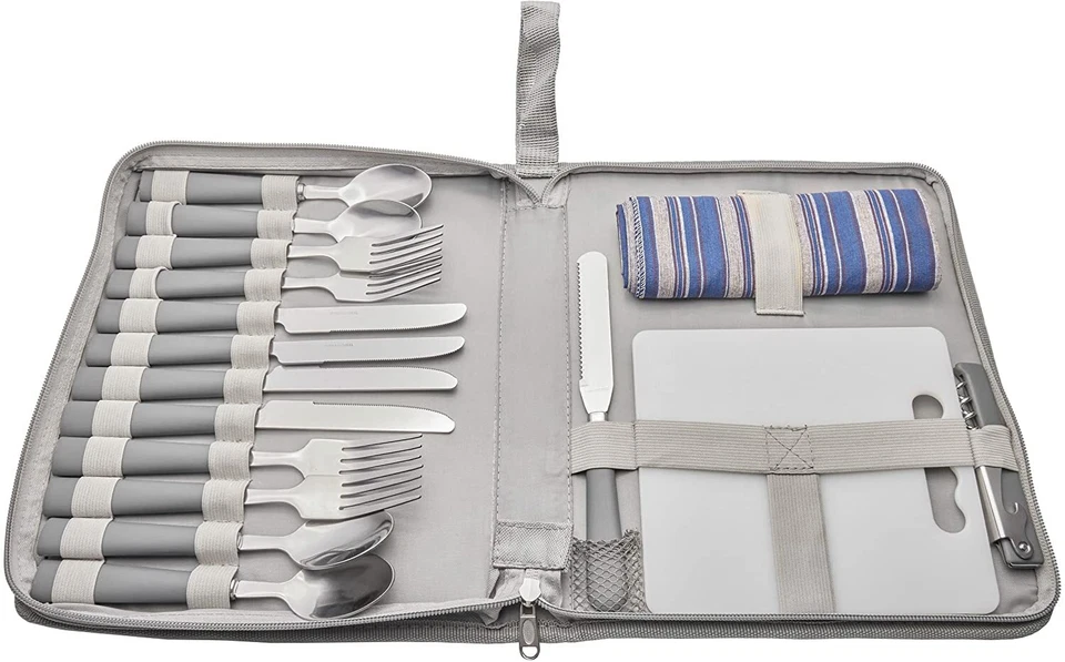 BRUBAKER Picknick Besteckset 4 Personen mit Schneidbrett Grau für Camping Reisen - Bild 3 von 4