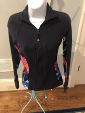 Athleta Womans XXS Black Zip Form Fitting Jacket, Floral Side Accents, Thumb Hol