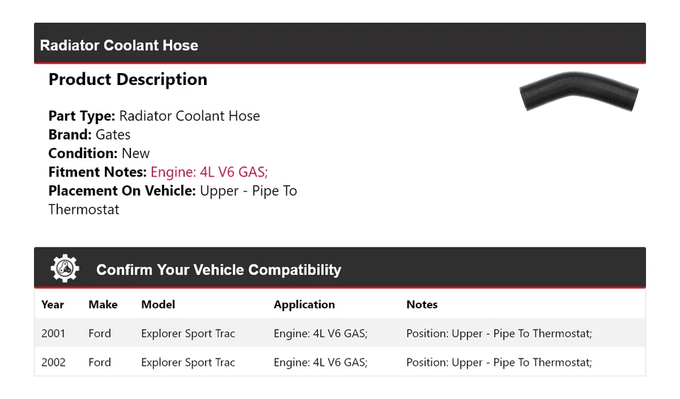 Puertas de manguera de refrigerante de radiador para Ford Explorer Sport Trac 2001-2002 Foto 2 de 4