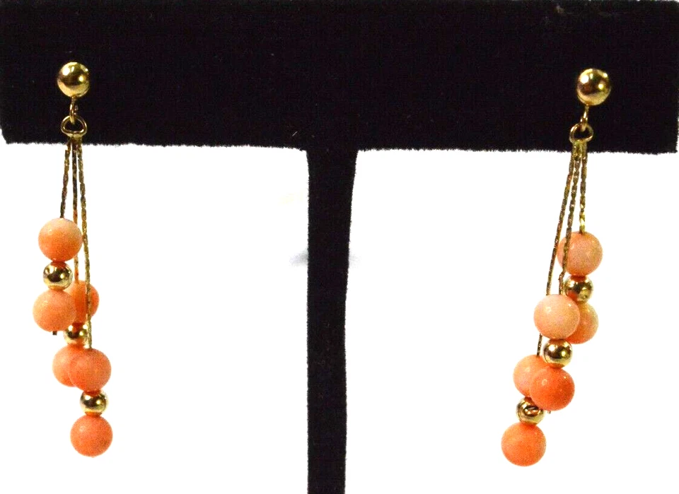14k Gold 12 Stone Coral Drop Dangle Earrings 14k Gold Posts - Image 2 of 4