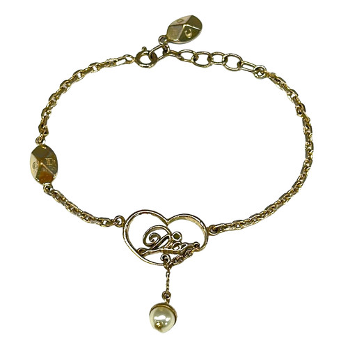 Christian Dior Bracelet Gold Heart Logo Faux Pearl 7.9" Used Vintage