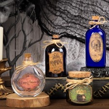Halloween Decoration Potion Bottles   4 Glass Jars 10 Labels Witch