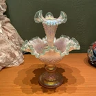 Fenton Opalescent Epergne Vase with Green and Pink Color Ruffled Edge 11”