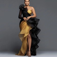 One Shoulder Color Block Ruffled High Slit Tulle Formal Evening Dress Custom
