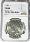 1922 $1 Peace Silver One Dollar US NGC MS63 Philadelphia