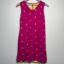 Talbots Women Linen Shift Dress 2P Pink Pineapple Embroidered Coastal Fruit