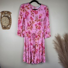 Loft Floral Dress Women's XS Pink Tasseled Boho Open Back NWT