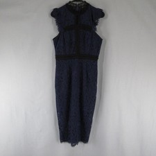 Bardot Dress Womens 6 Blue Sheath Midi Lace High Neck Crochet Lined Formal