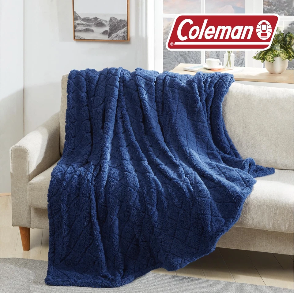 Coleman Oversize Diamond Quilted Teddy Sherpa Fleece Throw Blanket/Bedspread ... - Image 2 of 4