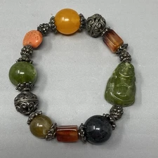 Buddha Bead Bracelet Acrylic Multicolor Green Orange Red Silver Tone Stretch 6.5