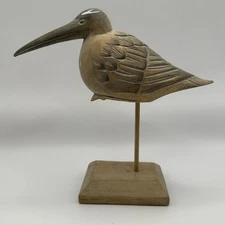 Hand Carved Wood Bird Shorebird Sandpiper Decoy On Wood Pedestal Decor Vtg