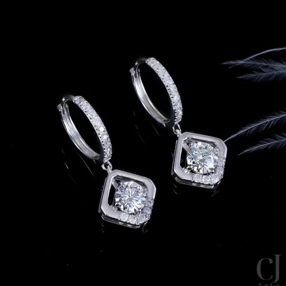 3 TCW Round Cut Moissanite VVS1 Hoop Wedding Earring Solid 14k White Gold - Image 2 of 4