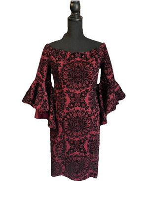 Burnout Velvet Dress Whimsigoth Sz 10 Bell Sleeve Off Shoulder Vampire Red Blac