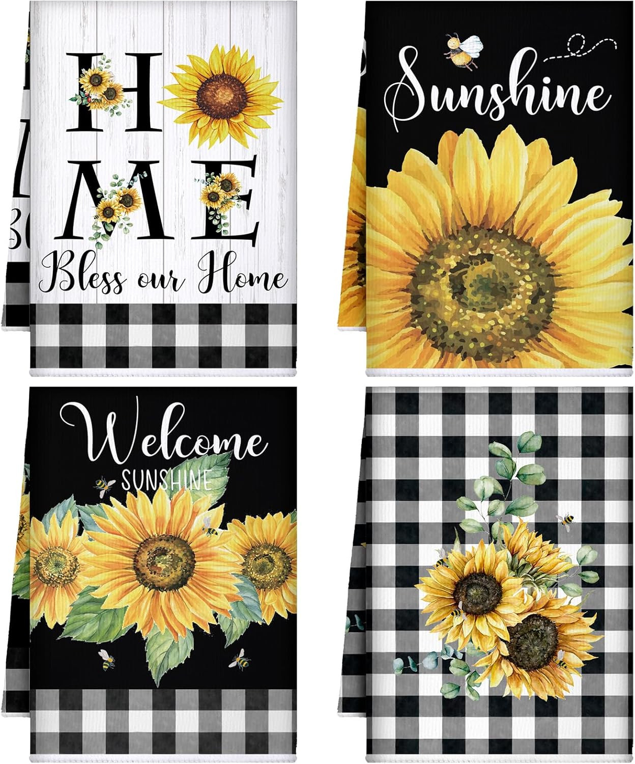 4 Pcs Sunflower Kitchen Towels Black and White Buffalo Plaid Flower Floral Hand