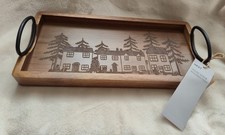New Next Acacia Wood Etched Winter Scene Decorative Tray