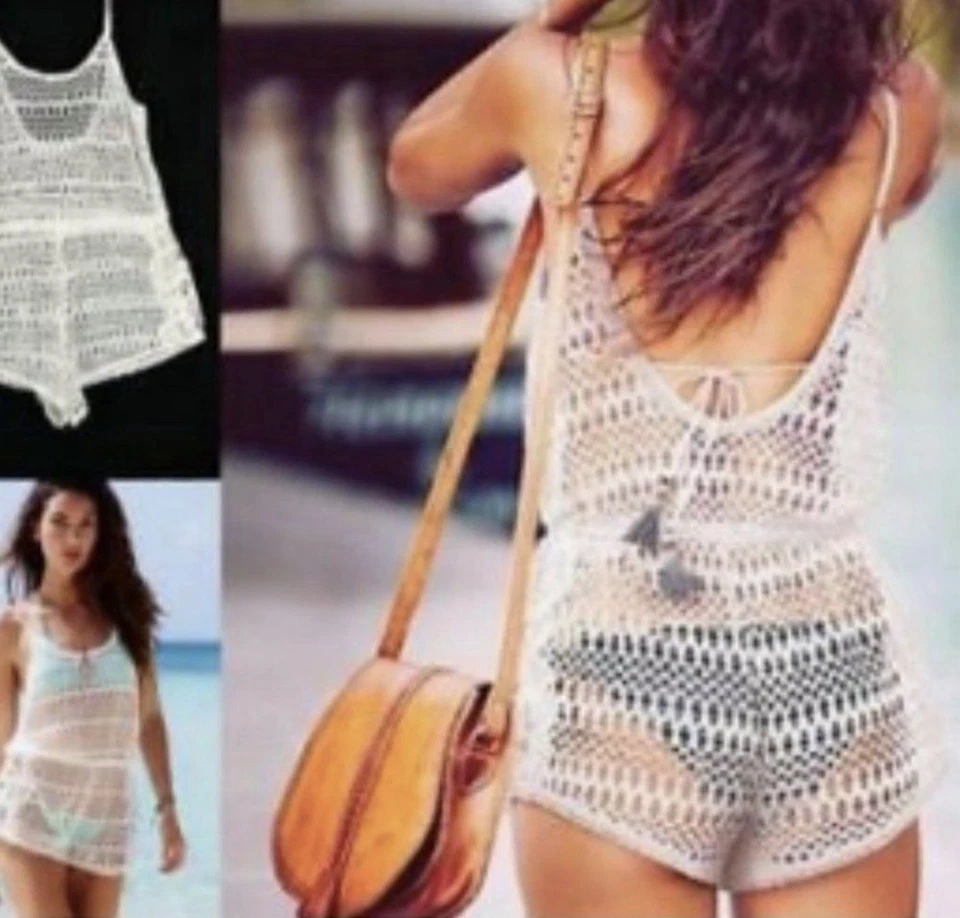 Mameluco para mujer Victoria’s Secret crochet blanco Y2K playa encubrimiento, talla pequeña Foto 2 de 4