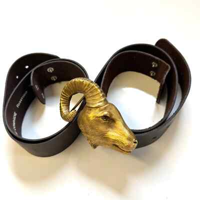 Vtg 70s Christopher C ROSS Gold Brass Ram Head Buckle Belt c. 78 sz 28