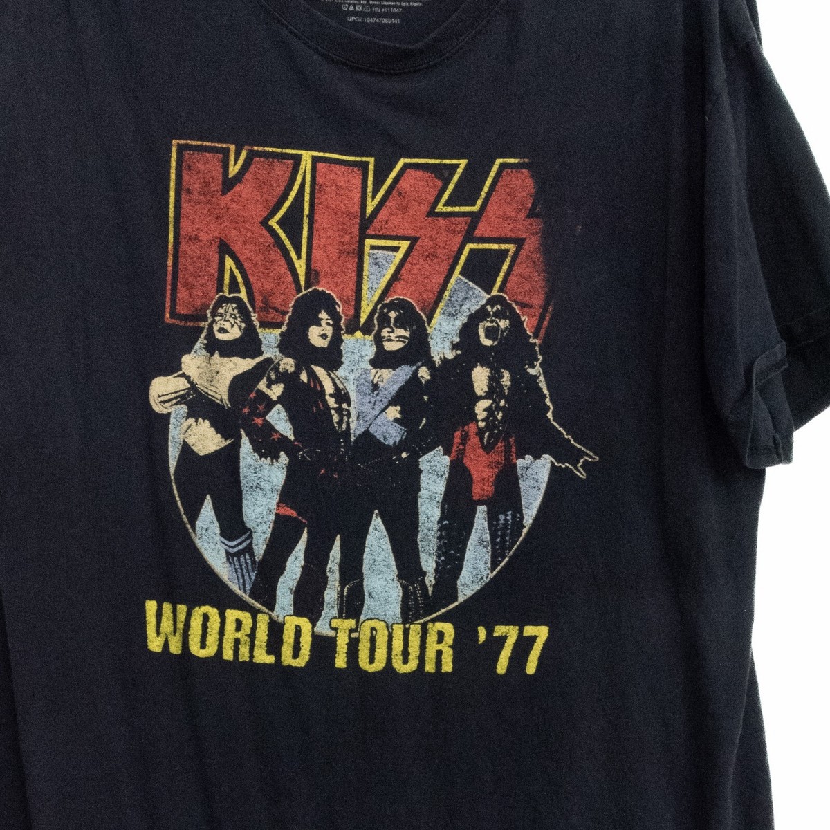 KISS Mens Black T Shirt Rock Band World Tour '77 Solid