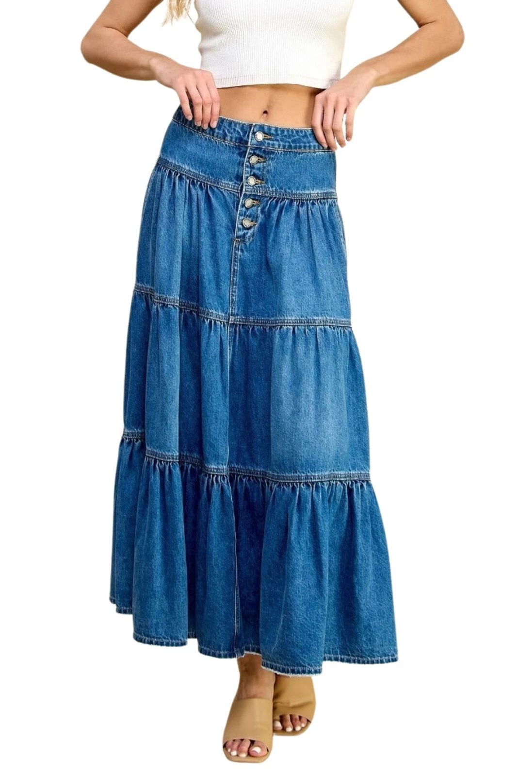 Women's Juniors Denim Long Flare Bottom Tiered Maxi Skirt
Opens in a new window or tab