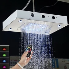 Color Changing LED Rainfall Shower Head Brushed Nickel Overhead Remote Control