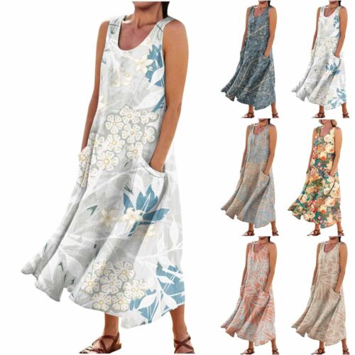 Women Summer Sleeveless Floral Casual Baggy Flowy Maxi Dresses with Pockets