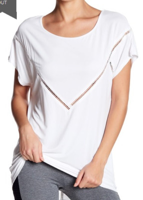 Blanc Noir White Glider T-Shirt Slinky Knit Open Brocade Lace Inserts Sz M 