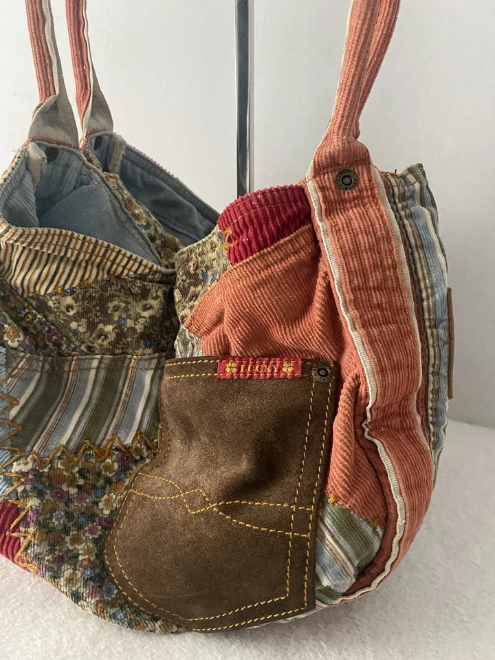 Bolso Hobo Lucky Brand Patchwork Boho Hippie Cuero Gamuza Pana De Colección RARO Foto 4 de 4