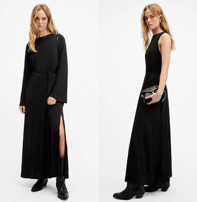 ALLSAINTS Susannah Removable Sleeve Maxi Dress, Black, Size: UK 12/US 8