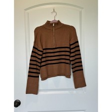 NWT DKNY Quarter Zip Brown Black Stripe Sweater Size XS