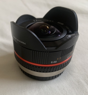 SAMYANG 7.5mm F3.5 FISH EYE ultra WIDE ANGLE umv MFT M43 mount CAMERA LENS used