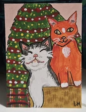 ACEO Original Art Painting Cats Goofing Around on Couch Christmas Tree OOAK ATC 