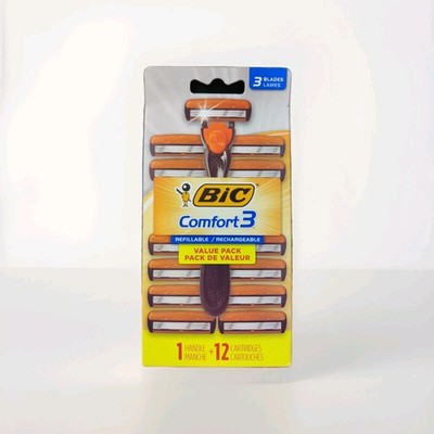 1 Handle + 12 Cartridges BIC Comfort 3 Value Pack Refillable Razor Blade Shaving