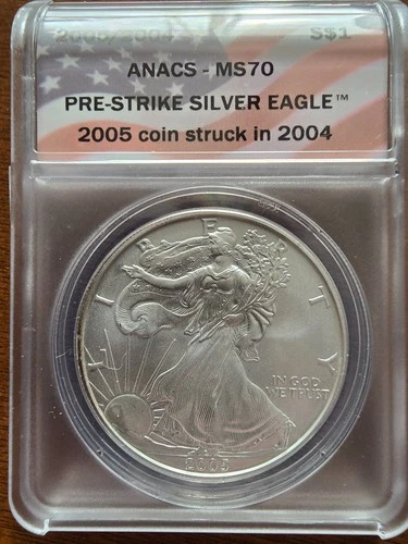 2005/2004 $1 American Silver Eagle ANACS MS70 | Pre-Strike ASE | Flag Label