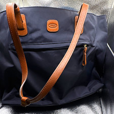 Borsa per laptop Bric's Navy zip superiore tracolla in pelle marrone hardware oro tasche interne