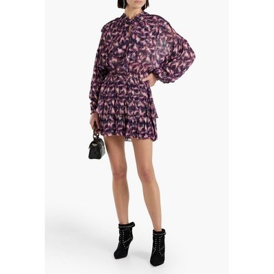 IRO Paris $645 Tyga Long Sleeve Tiered Mini Dress Purple Metallic Sz EU 36 US 4