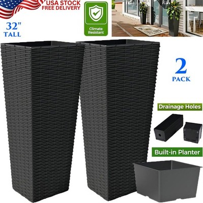 32'' SET OF 2 TALL PLANTERS FOR OUTDOOR LARGE PLANTS RATTAN TEXTURE UV-RESISTANT