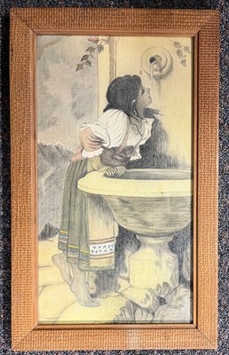 Vintage 'Unknown Roman Girl At Fountain' Pencil Drawing (after Leon Bonnat)