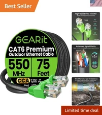 75 Ft Cat6 Outdoor Ethernet Cable - 10 Gbps Speed, UV Resistant, Waterproof