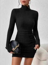 New Solid Dresses Autumn Winter Women Long Sleeves Turtleneck Sexy Bodycon